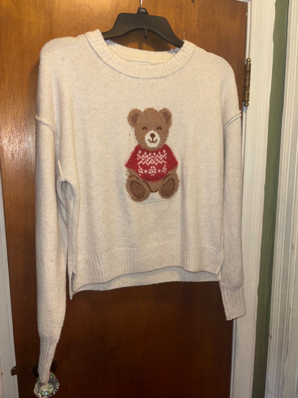 Cozy Cream Teddy Sweater with Red Accent - Women's
